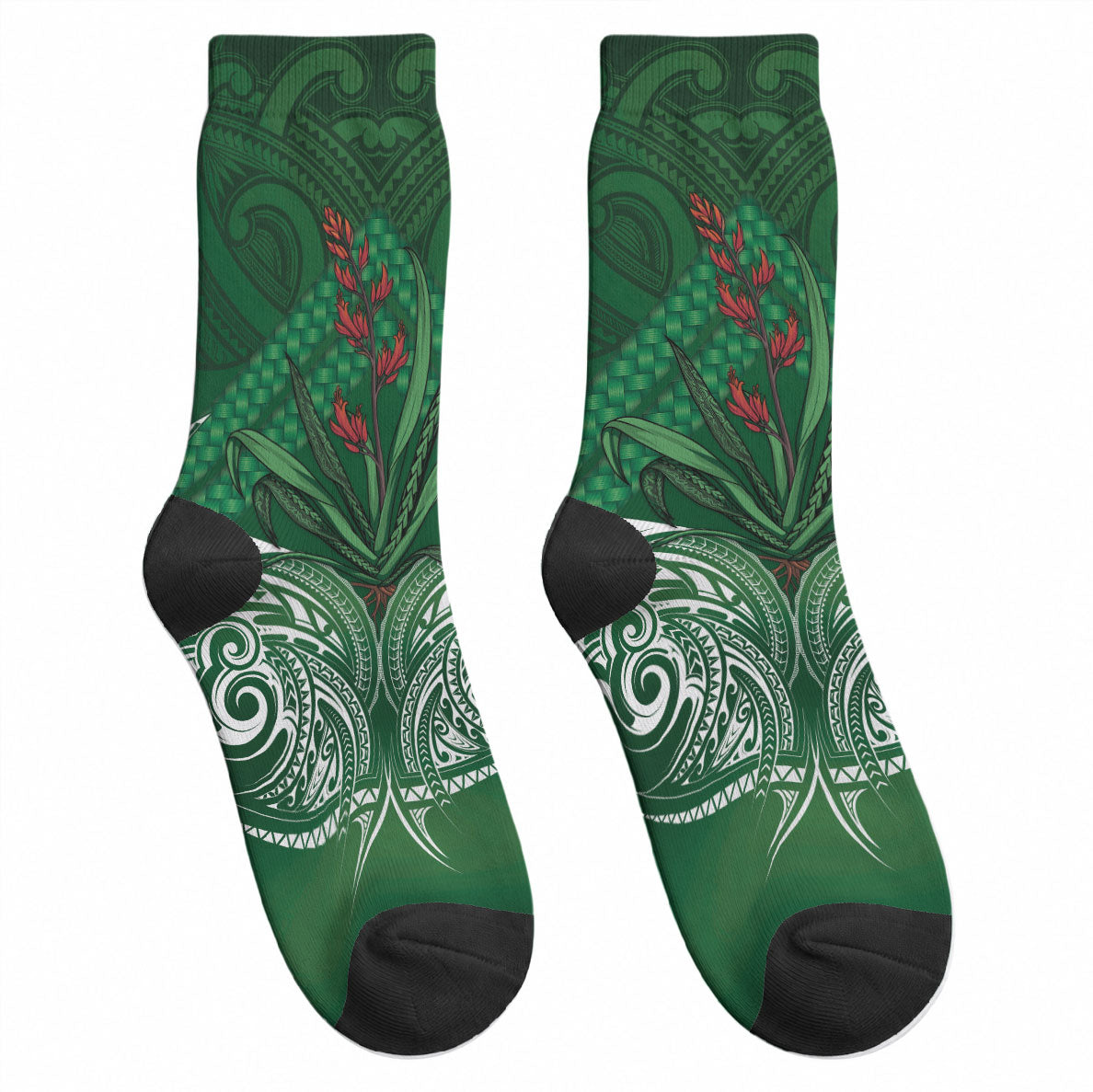 Rongoa Maori New Zealand Harakeke Crew Socks NZ Weaving Pattern Green LT14 - Polynesian Pride