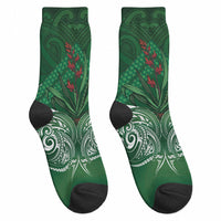 Rongoa Maori New Zealand Harakeke Crew Socks NZ Weaving Pattern Green LT14 - Polynesian Pride