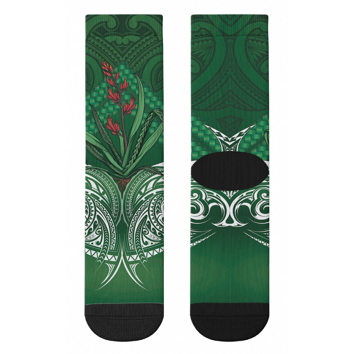 Rongoa Maori New Zealand Harakeke Crew Socks NZ Weaving Pattern Green LT14 - Polynesian Pride