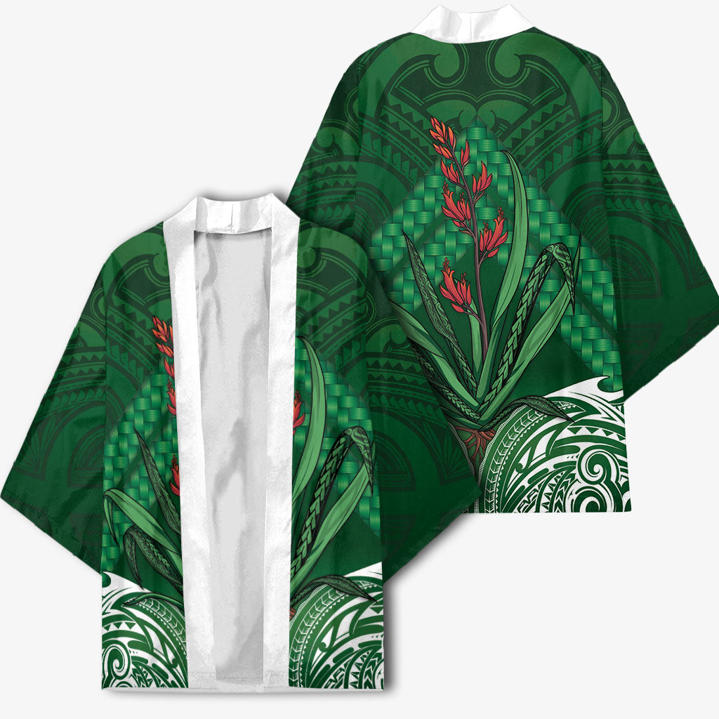 Rongoa Maori New Zealand Harakeke Kimono NZ Weaving Pattern Green LT14 - Polynesian Pride