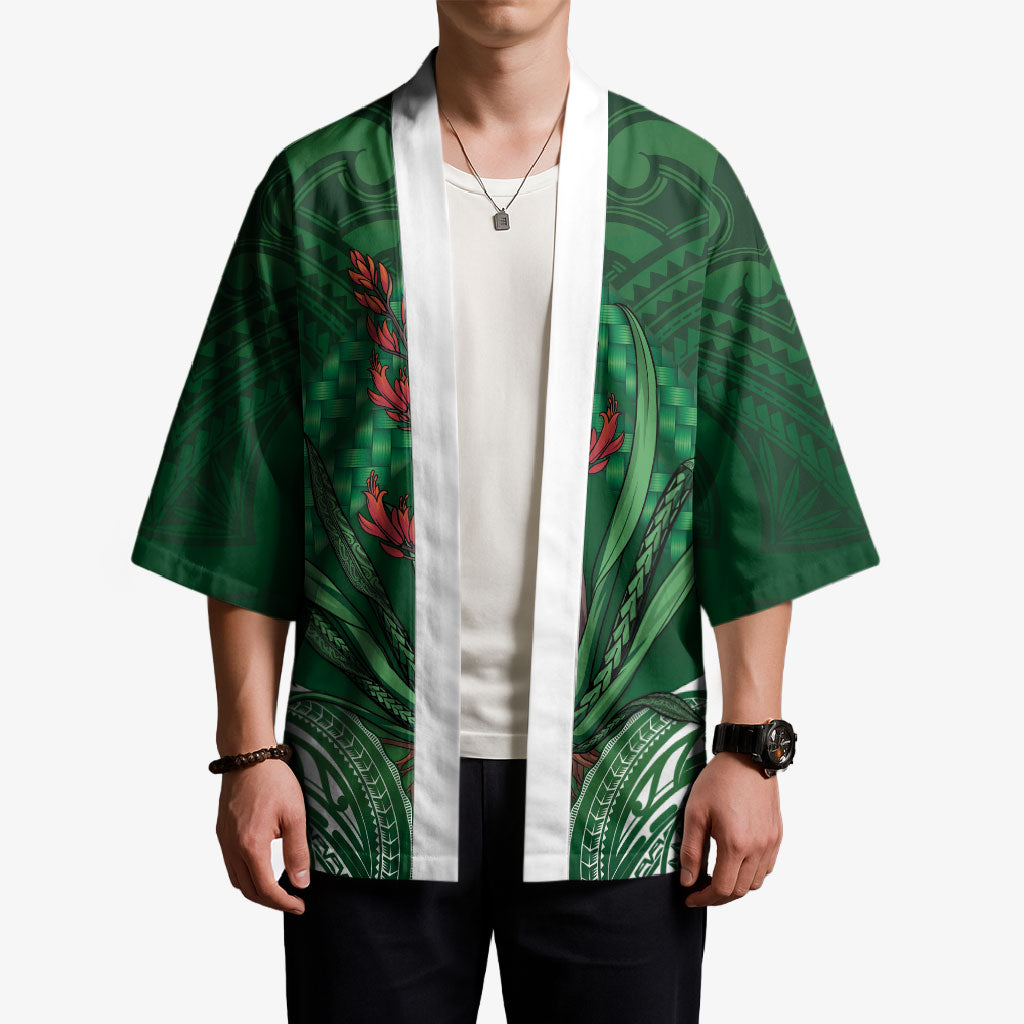 Rongoa Maori New Zealand Harakeke Kimono NZ Weaving Pattern Green LT14 - Polynesian Pride