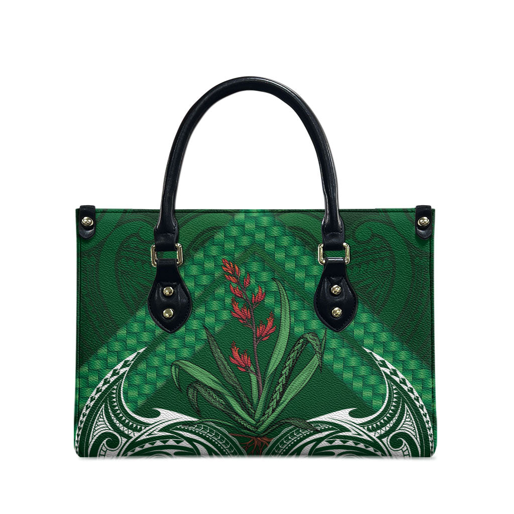 Rongoa Maori New Zealand Harakeke Leather Bag NZ Weaving Pattern Green LT14 - Polynesian Pride