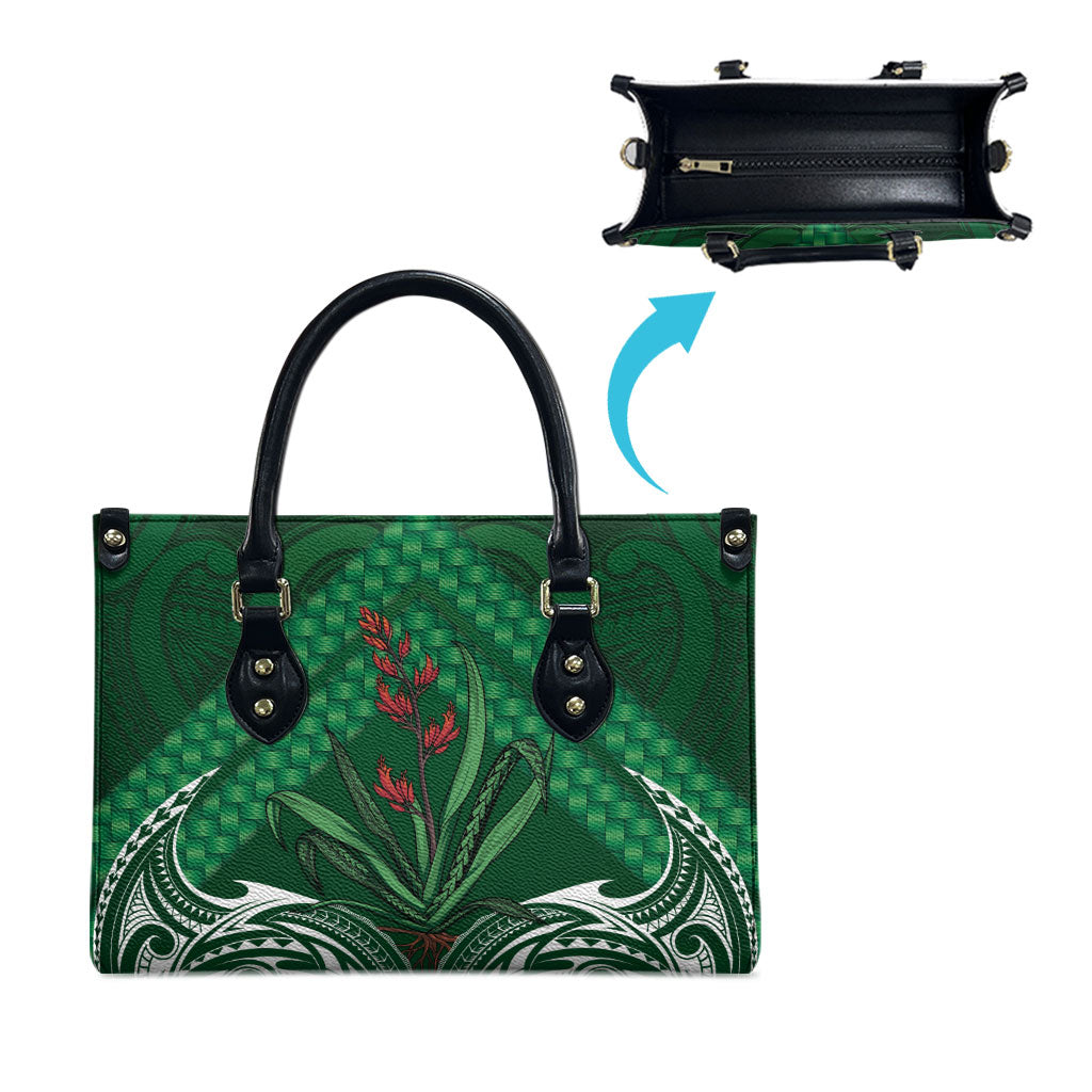 Rongoa Maori New Zealand Harakeke Leather Bag NZ Weaving Pattern Green LT14 - Polynesian Pride