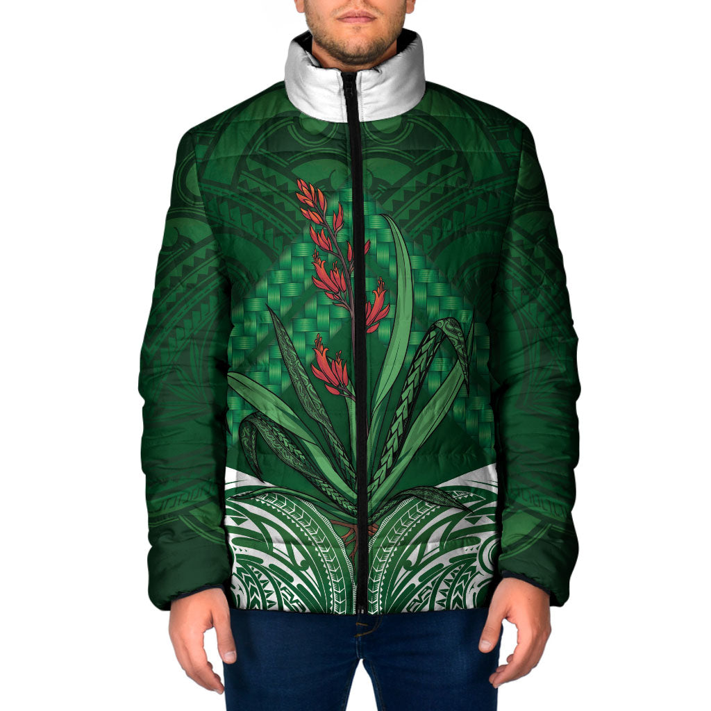Rongoa Maori New Zealand Harakeke Padded Jacket NZ Weaving Pattern Green LT14 Men Green - Polynesian Pride