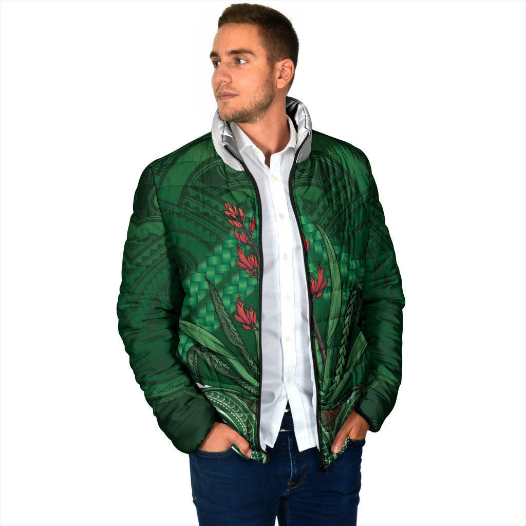 Rongoa Maori New Zealand Harakeke Padded Jacket NZ Weaving Pattern Green LT14 - Polynesian Pride