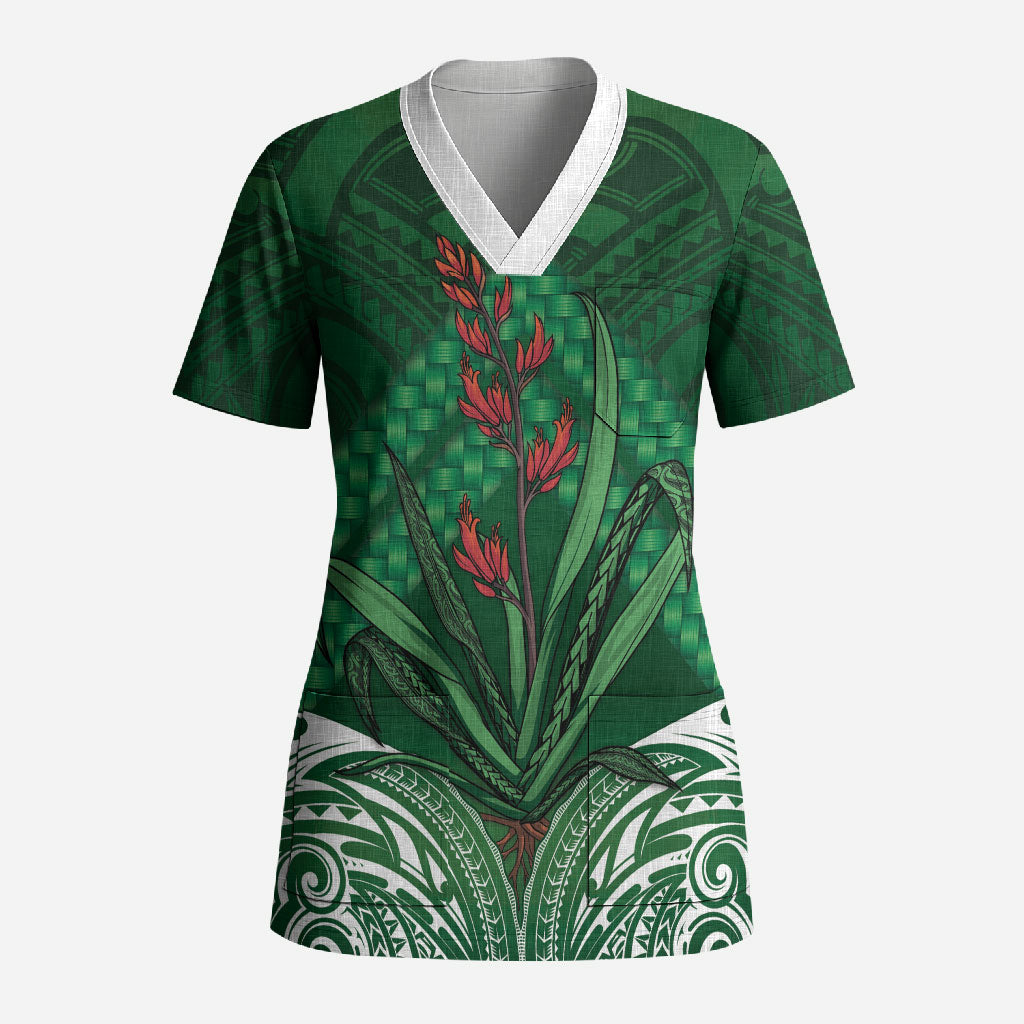 Rongoa Maori New Zealand Harakeke Scrub Top NZ Weaving Pattern Green LT14 Adult Green - Polynesian Pride