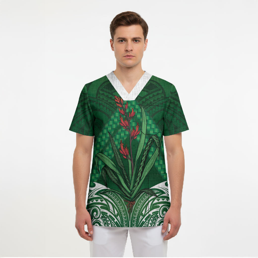 Rongoa Maori New Zealand Harakeke Scrub Top NZ Weaving Pattern Green LT14 - Polynesian Pride