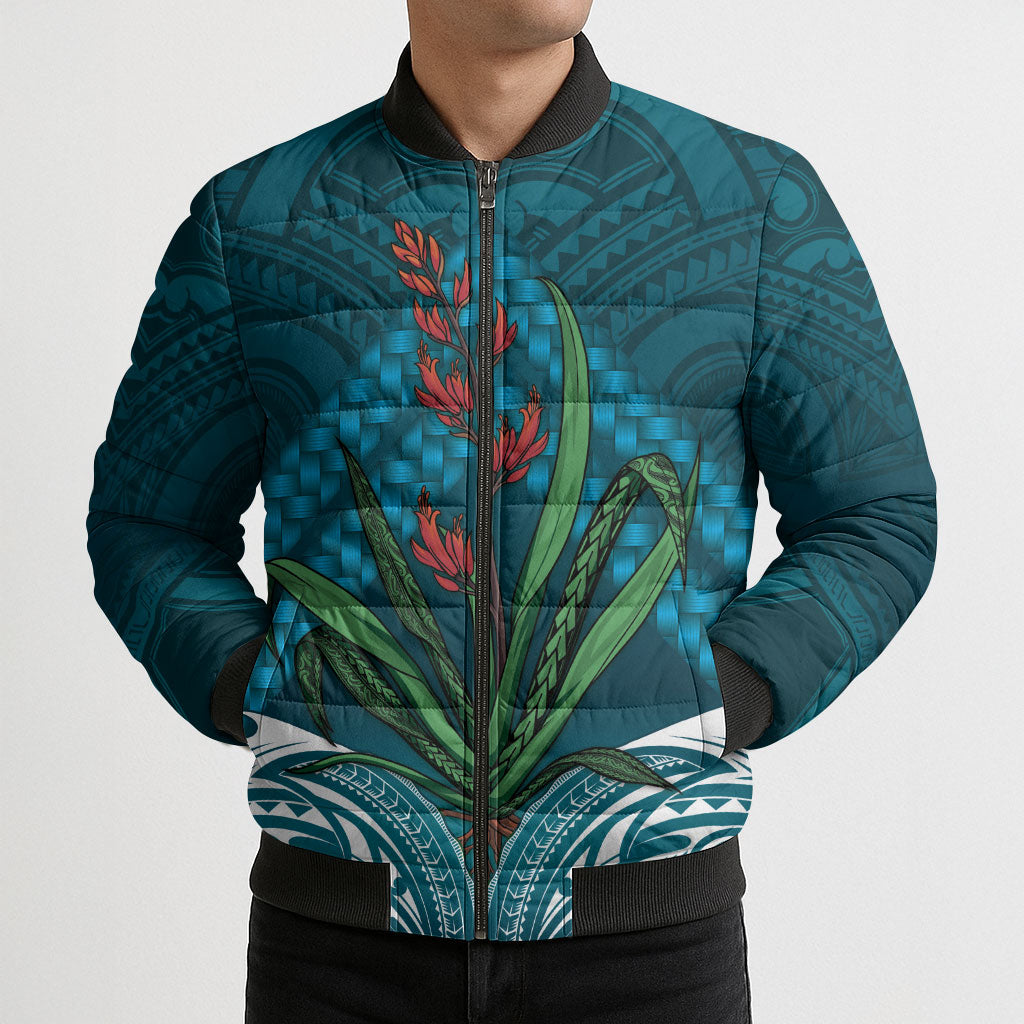 Rongoa Maori New Zealand Harakeke Bomber Puffer Jacket NZ Weaving Pattern Dark Teal LT14 - Polynesian Pride