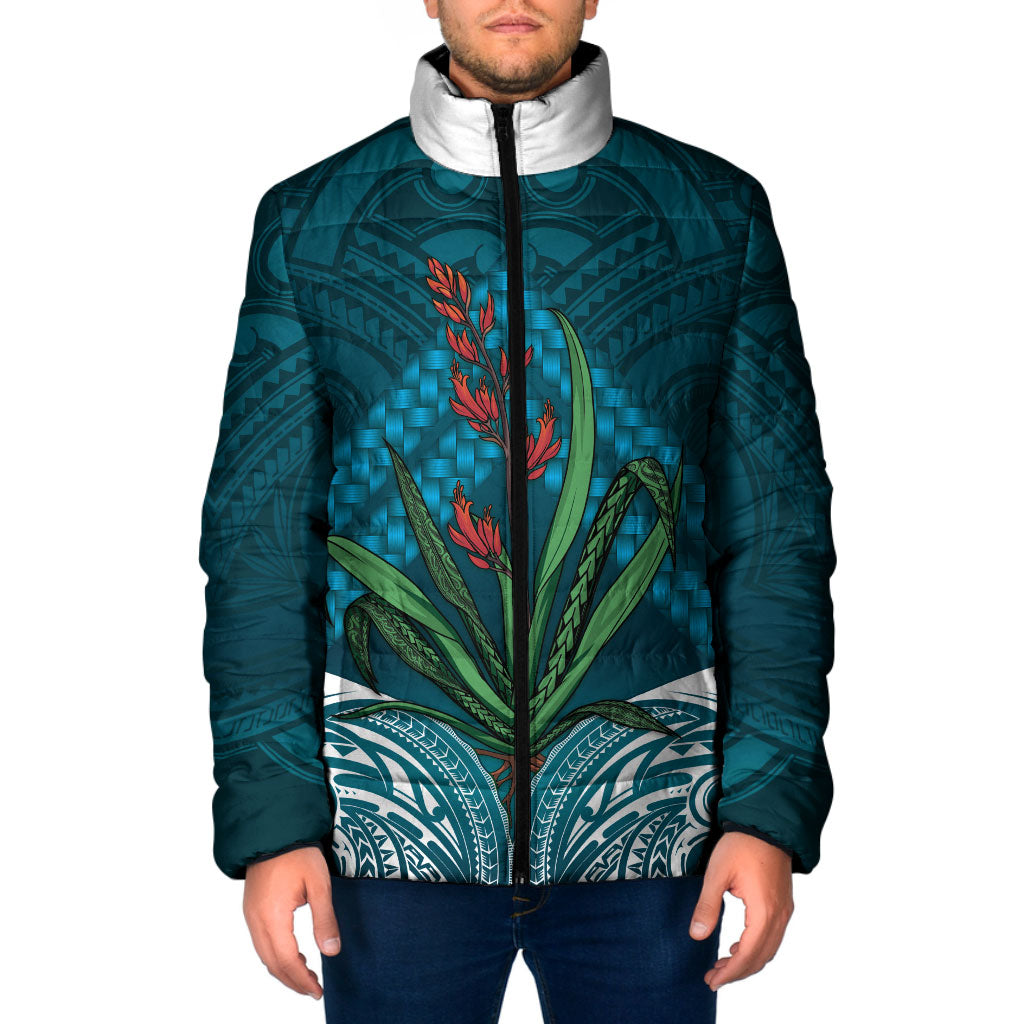 Rongoa Maori New Zealand Harakeke Padded Jacket NZ Weaving Pattern Dark Teal LT14 Men Dark Teal - Polynesian Pride