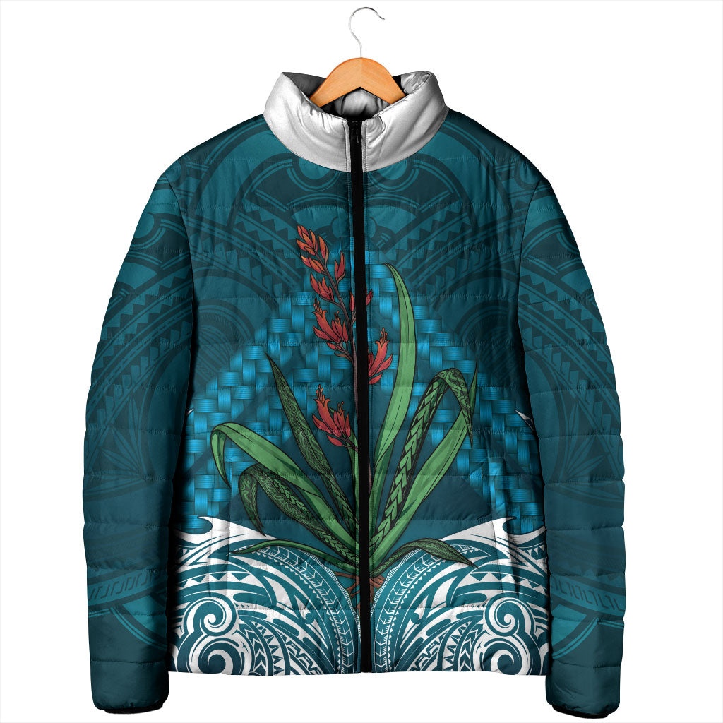 Rongoa Maori New Zealand Harakeke Padded Jacket NZ Weaving Pattern Dark Teal LT14 - Polynesian Pride