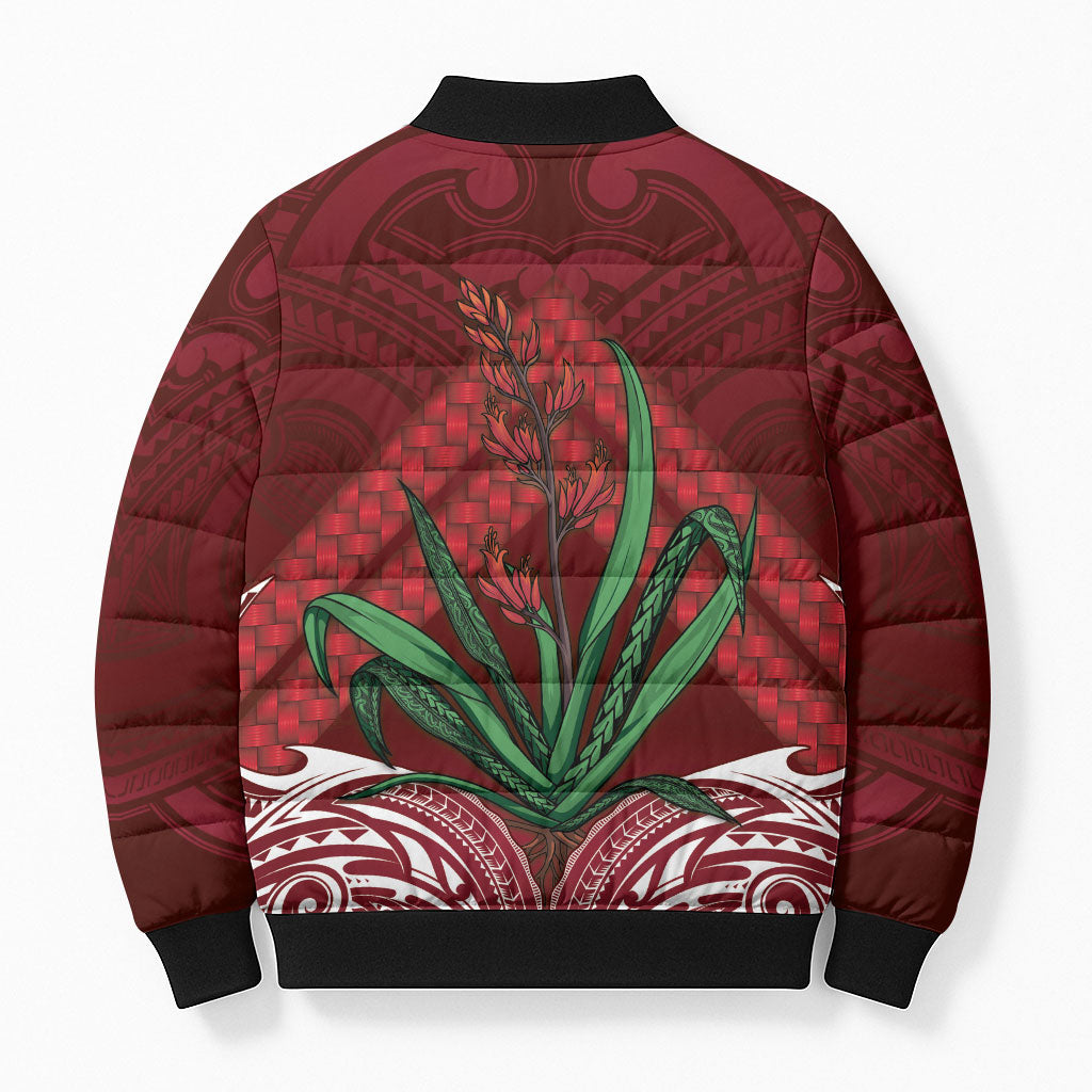 Rongoa Maori New Zealand Harakeke Bomber Puffer Jacket NZ Weaving Pattern Red LT14 - Polynesian Pride