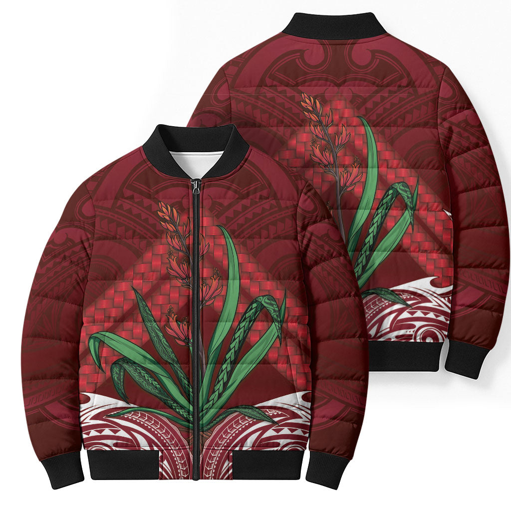 Rongoa Maori New Zealand Harakeke Bomber Puffer Jacket NZ Weaving Pattern Red LT14 - Polynesian Pride