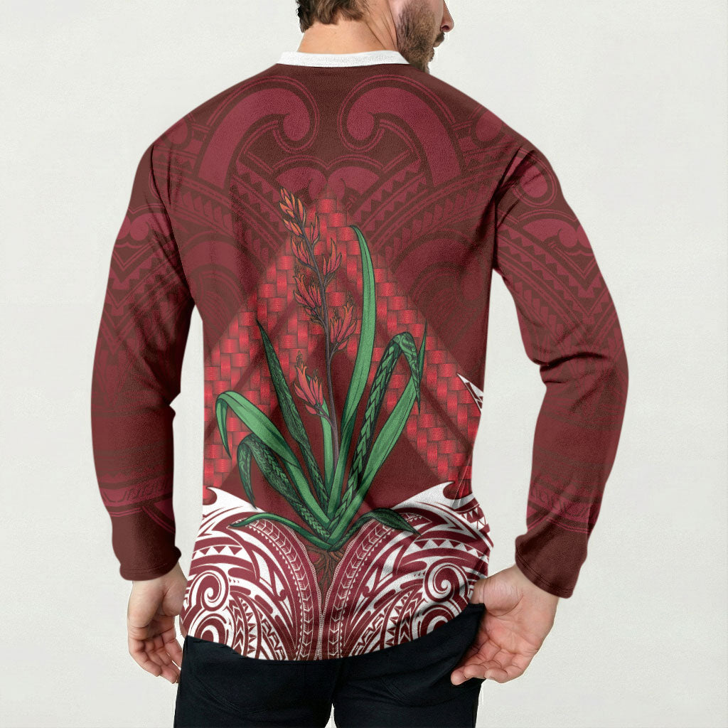 Rongoa Maori New Zealand Harakeke Button Sweatshirt NZ Weaving Pattern Red LT14 - Polynesian Pride