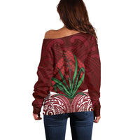 Rongoa Maori New Zealand Harakeke Off Shoulder Sweater NZ Weaving Pattern Red LT14 - Polynesian Pride