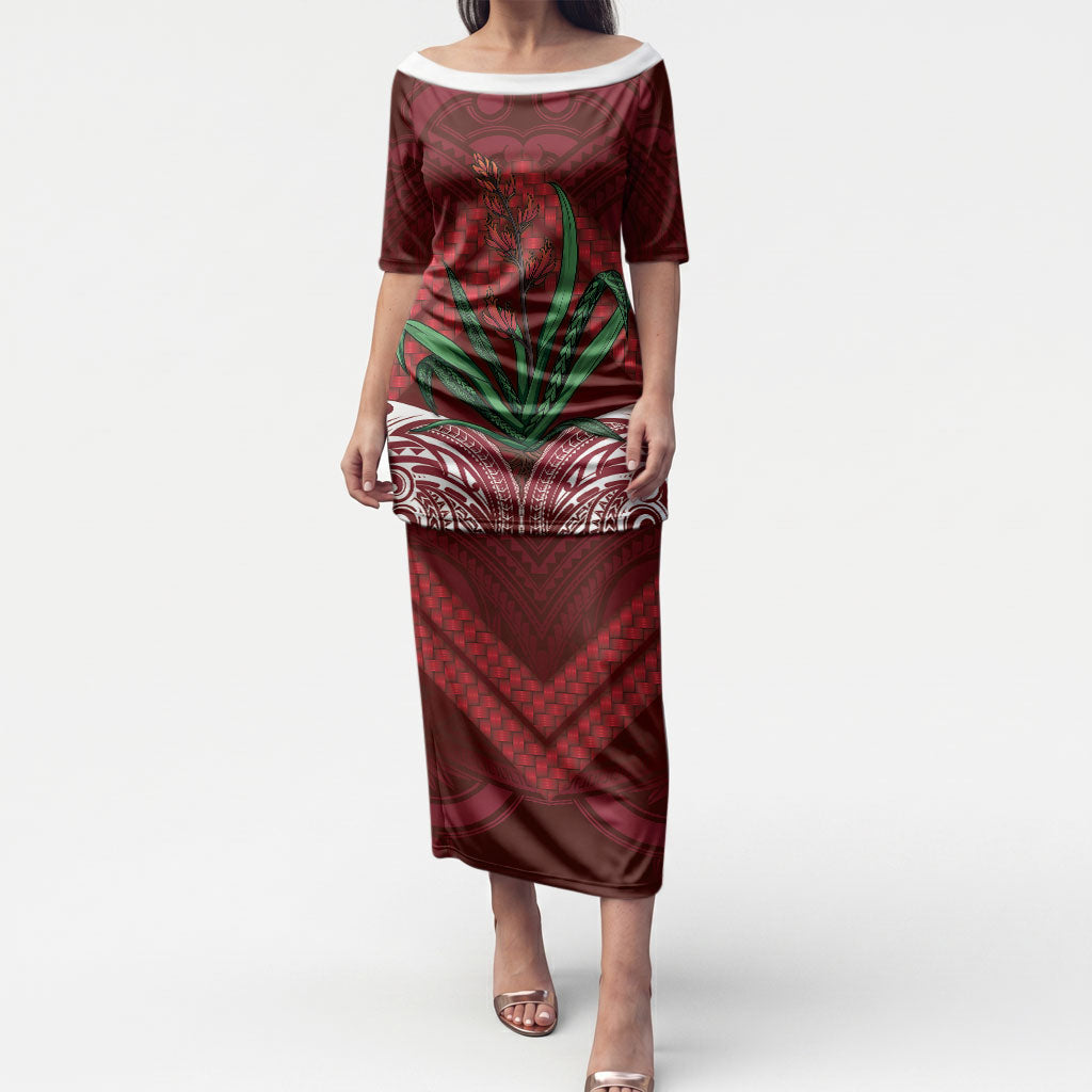Rongoa Maori New Zealand Harakeke Puletasi NZ Weaving Pattern Red LT14 Long Dress Red - Polynesian Pride