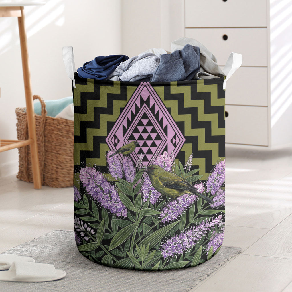 Rongoa Maori New Zealand Koromiko Laundry Basket NZ Hebe Korimako Bellbird Poutama LT14 Green - Polynesian Pride