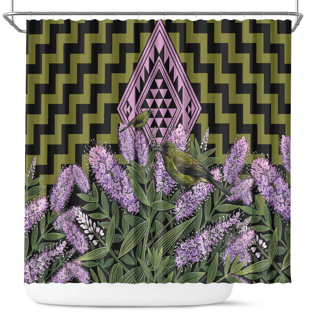 Rongoa Maori New Zealand Koromiko Shower Curtain NZ Hebe Korimako Bellbird Poutama LT14 Green - Polynesian Pride