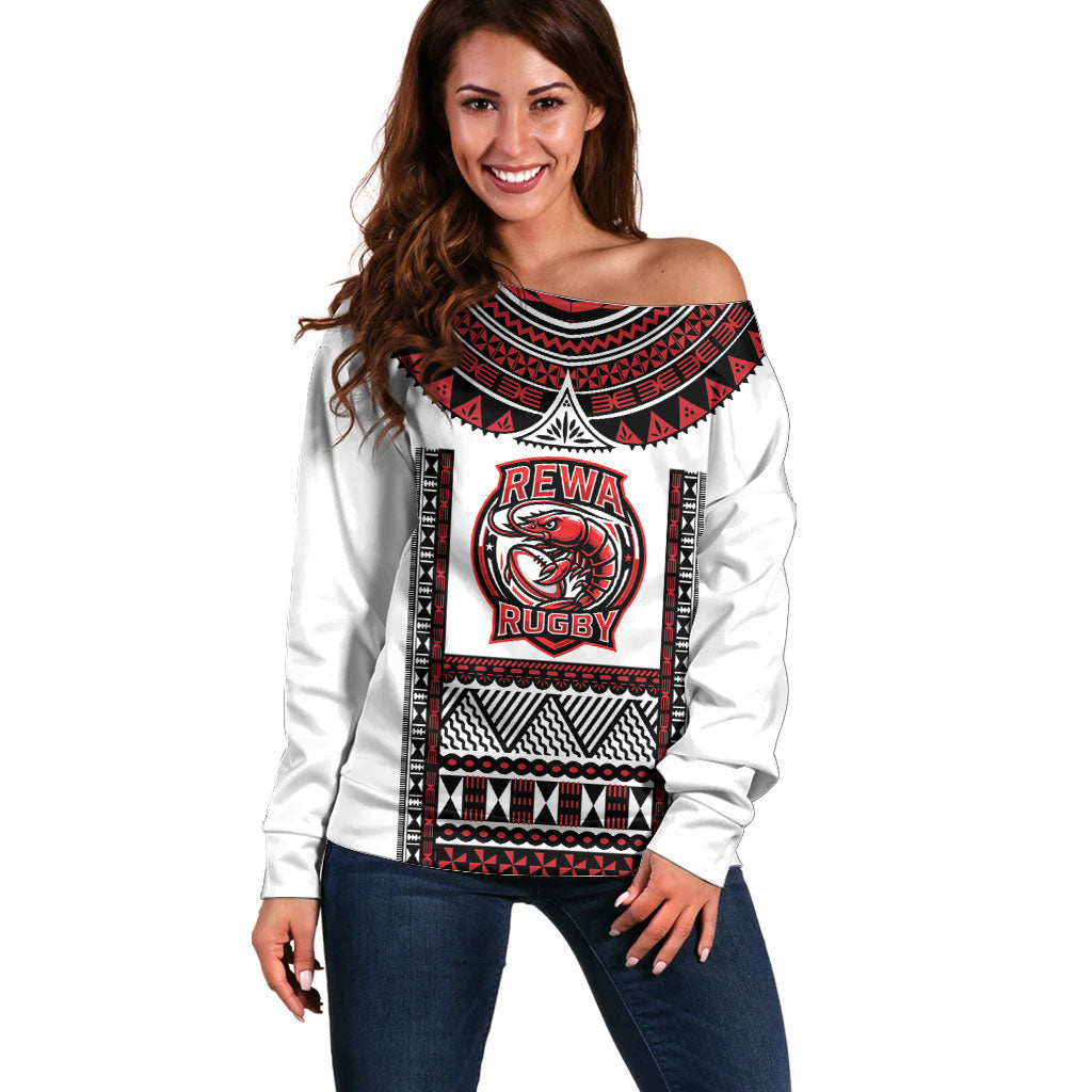 Fiji Rewa Rugby Custom Off Shoulder Sweater Go Champions Fijian Tapa Pattern LT14 Women White - Polynesian Pride
