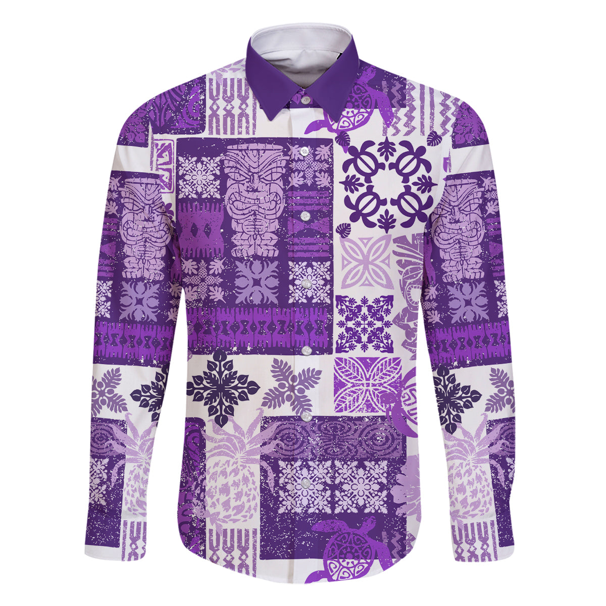 Hawaiian Quilt Family Matching Mermaid Dress and Hawaiian Shirt Tiki Tropical Retro Purple Version LT14 Dad's Shirt - Long Sleeve Purple - Polynesian Pride