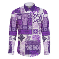 Hawaiian Quilt Family Matching Off Shoulder Maxi Dress and Hawaiian Shirt Tiki Tropical Retro Purple Version LT14 Dad's Shirt - Long Sleeve Purple - Polynesian Pride