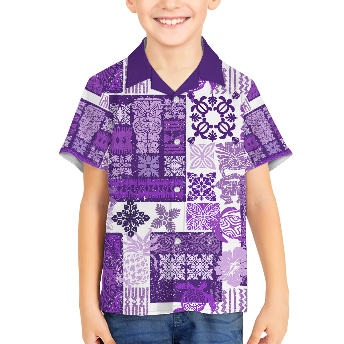 Hawaiian Quilt Family Matching Off Shoulder Maxi Dress and Hawaiian Shirt Tiki Tropical Retro Purple Version LT14 Son's Shirt Purple - Polynesian Pride