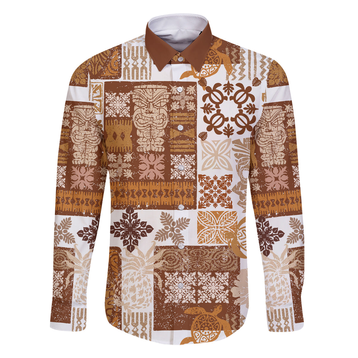 Hawaiian Quilt Family Matching Mermaid Dress and Hawaiian Shirt Tiki Tropical Retro Brown Version LT14 Dad's Shirt - Long Sleeve Brown - Polynesian Pride