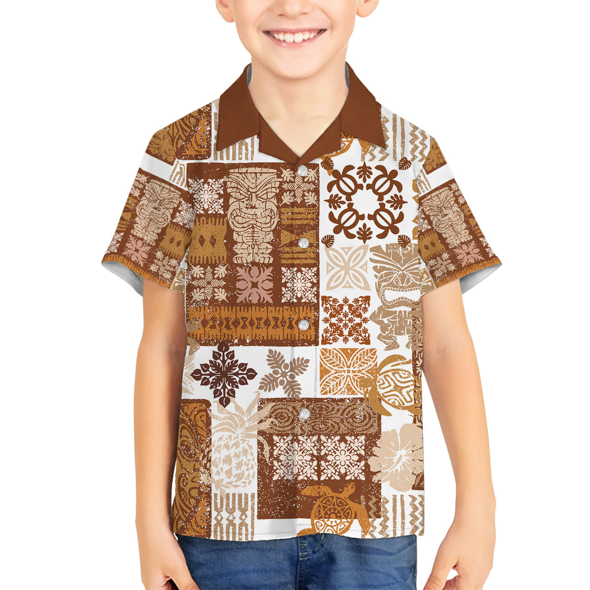Hawaiian Quilt Family Matching Off Shoulder Long Sleeve Dress and Hawaiian Shirt Tiki Tropical Retro Brown Version LT14 Son's Shirt Brown - Polynesian Pride