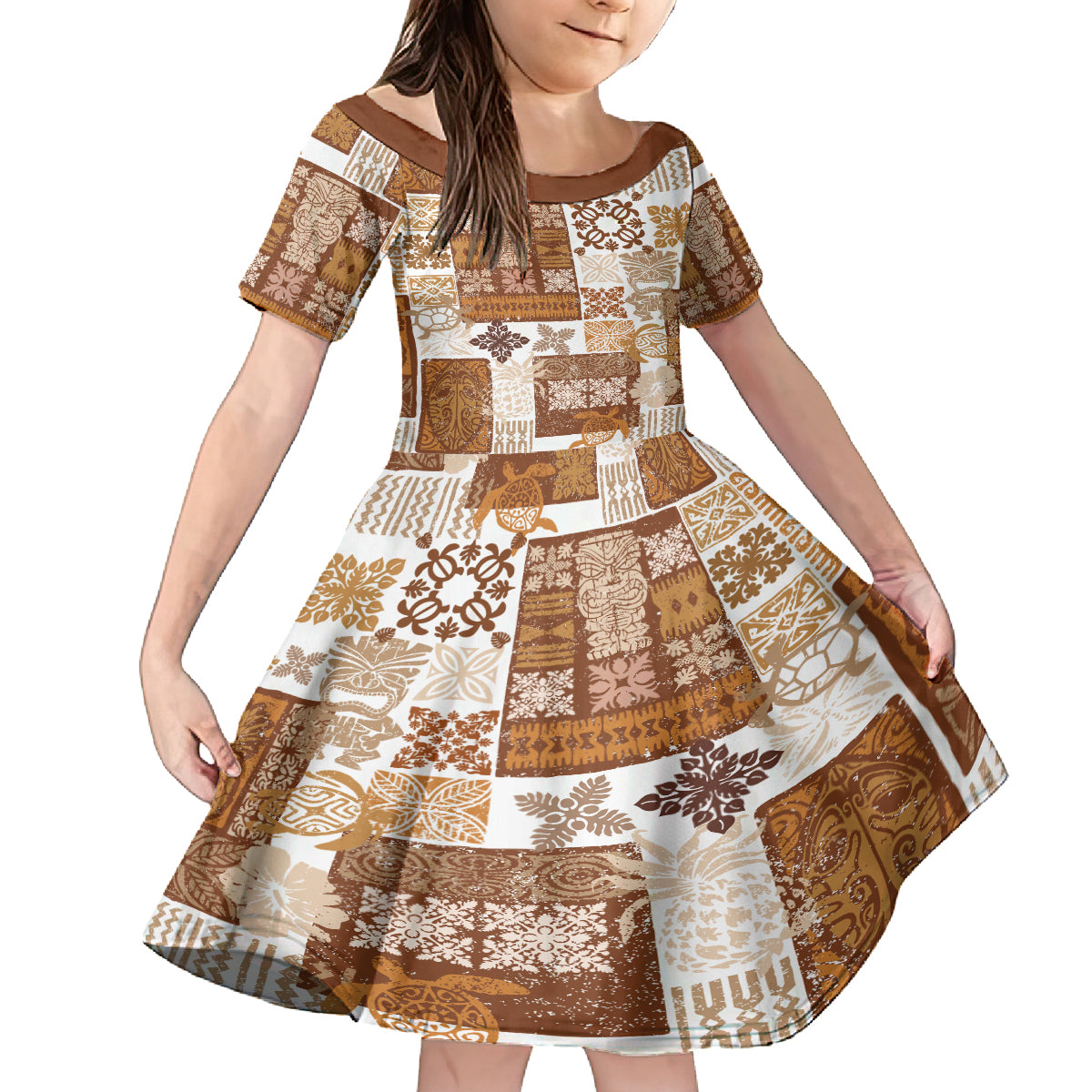 Hawaiian Quilt Family Matching Puletasi Dress and Hawaiian Shirt Tiki Tropical Retro Brown Version LT14 Daughter's Dress Brown - Polynesian Pride