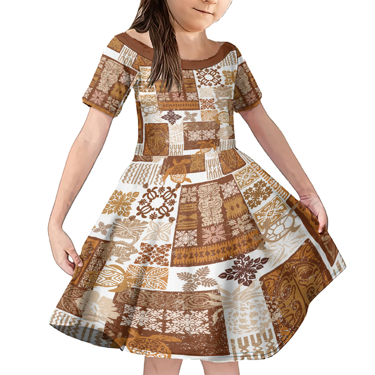 Hawaiian Quilt Family Matching Short Sleeve Bodycon Dress and Hawaiian Shirt Tiki Tropical Retro Brown Version LT14 Daughter's Dress Brown - Polynesian Pride