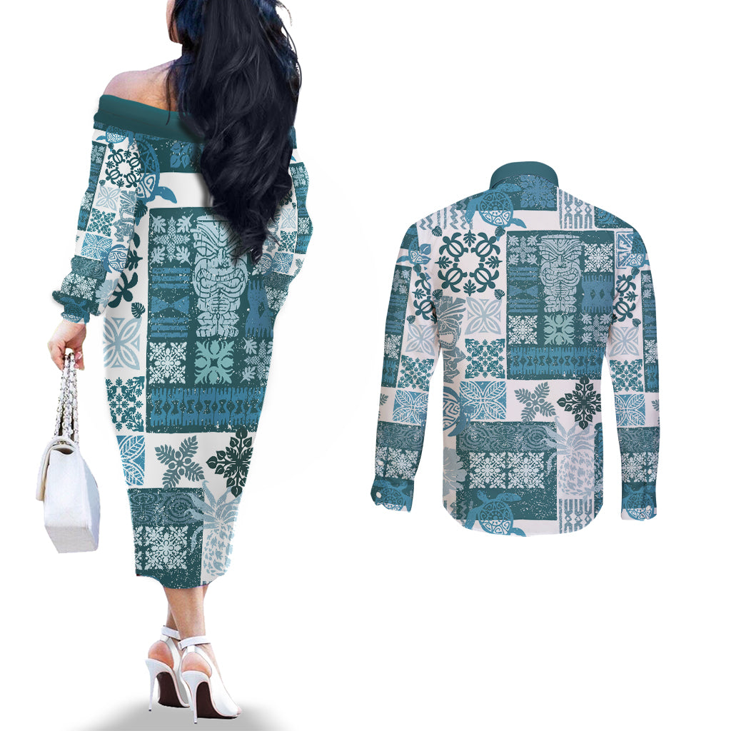 Hawaiian Quilt Couples Matching Off The Shoulder Long Sleeve Dress and Long Sleeve Button Shirt Tiki Tropical Retro Dark Cyan Version LT14 - Polynesian Pride