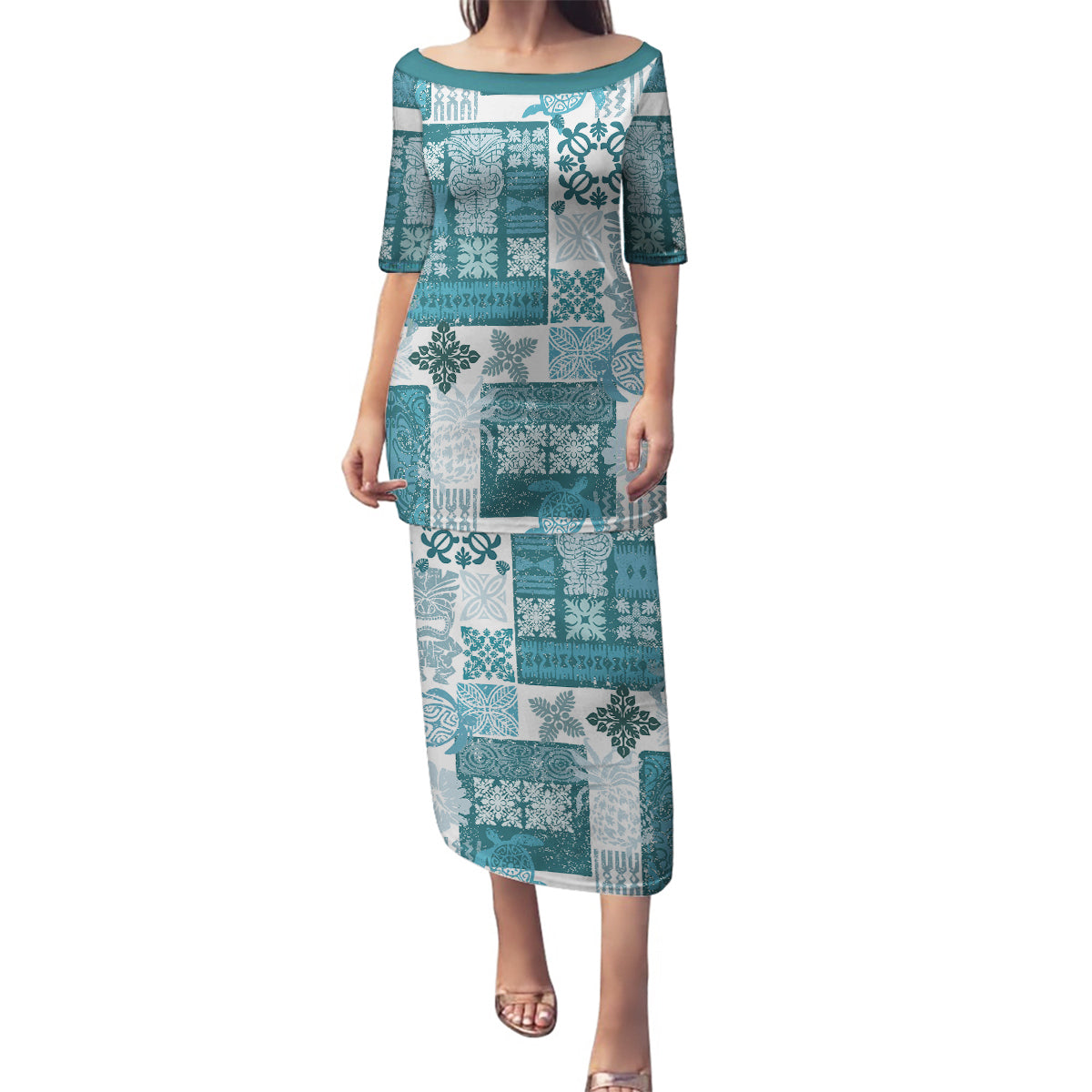 Hawaiian Quilt Family Matching Puletasi Dress and Hawaiian Shirt Tiki Tropical Retro Dark Cyan Version LT14 Mom's Dress Dark Cyan - Polynesian Pride