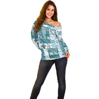Hawaiian Quilt Off Shoulder Sweater Tiki Tropical Retro Dark Cyan Version LT14 - Polynesian Pride