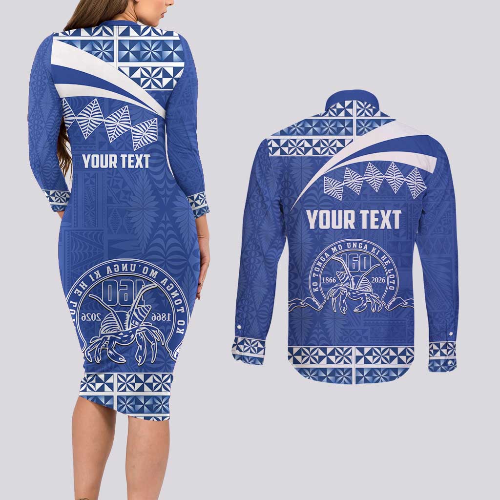 Personalised Tonga Tupou College Toloa Couples Matching Long Sleeve Bodycon Dress and Long Sleeve Button Shirt 160 Years Anniversary Tongan Ngatu Pattern LT14 - Polynesian Pride