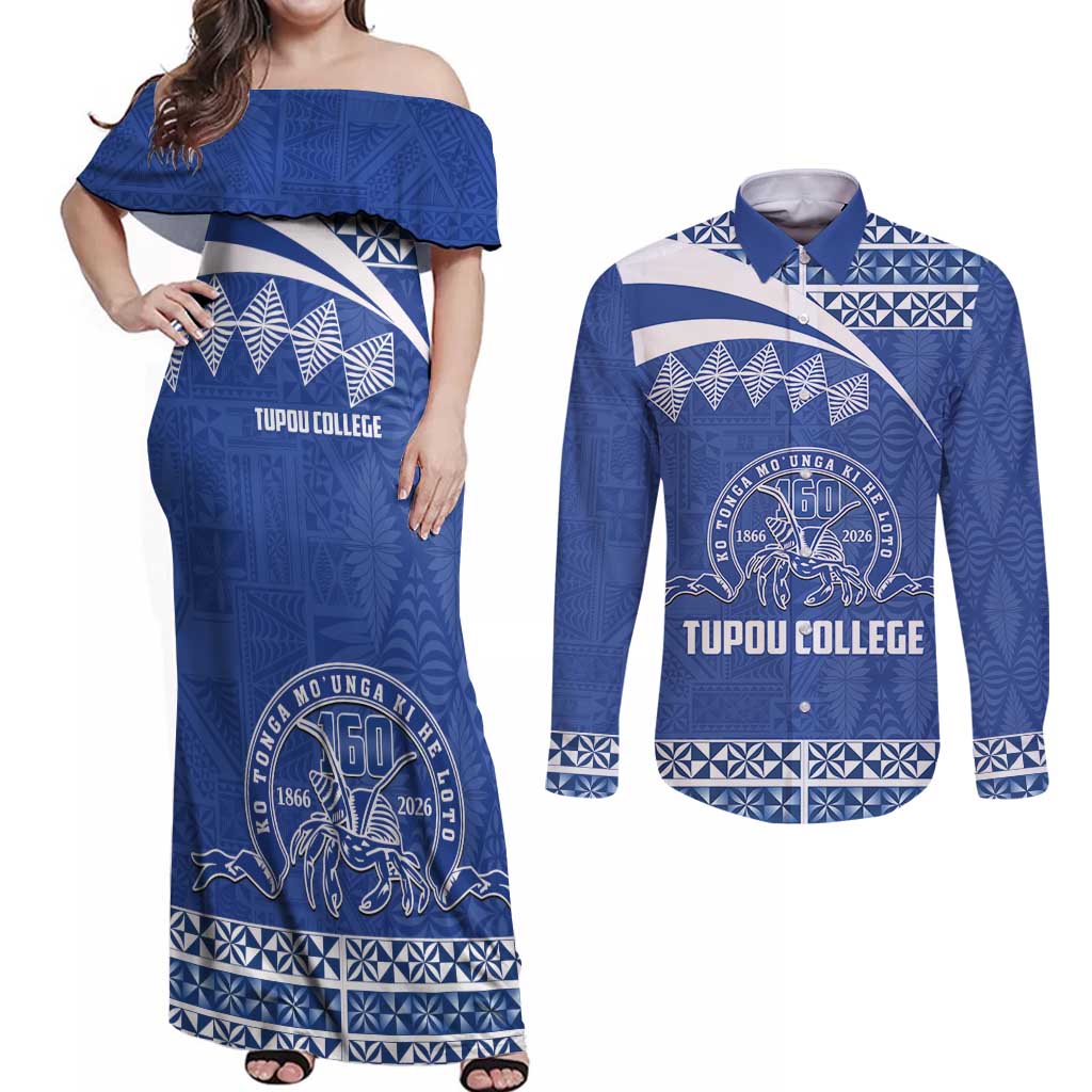 Personalised Tonga Tupou College Toloa Couples Matching Off Shoulder Maxi Dress and Long Sleeve Button Shirt 160 Years Anniversary Tongan Ngatu Pattern LT14 Blue - Polynesian Pride