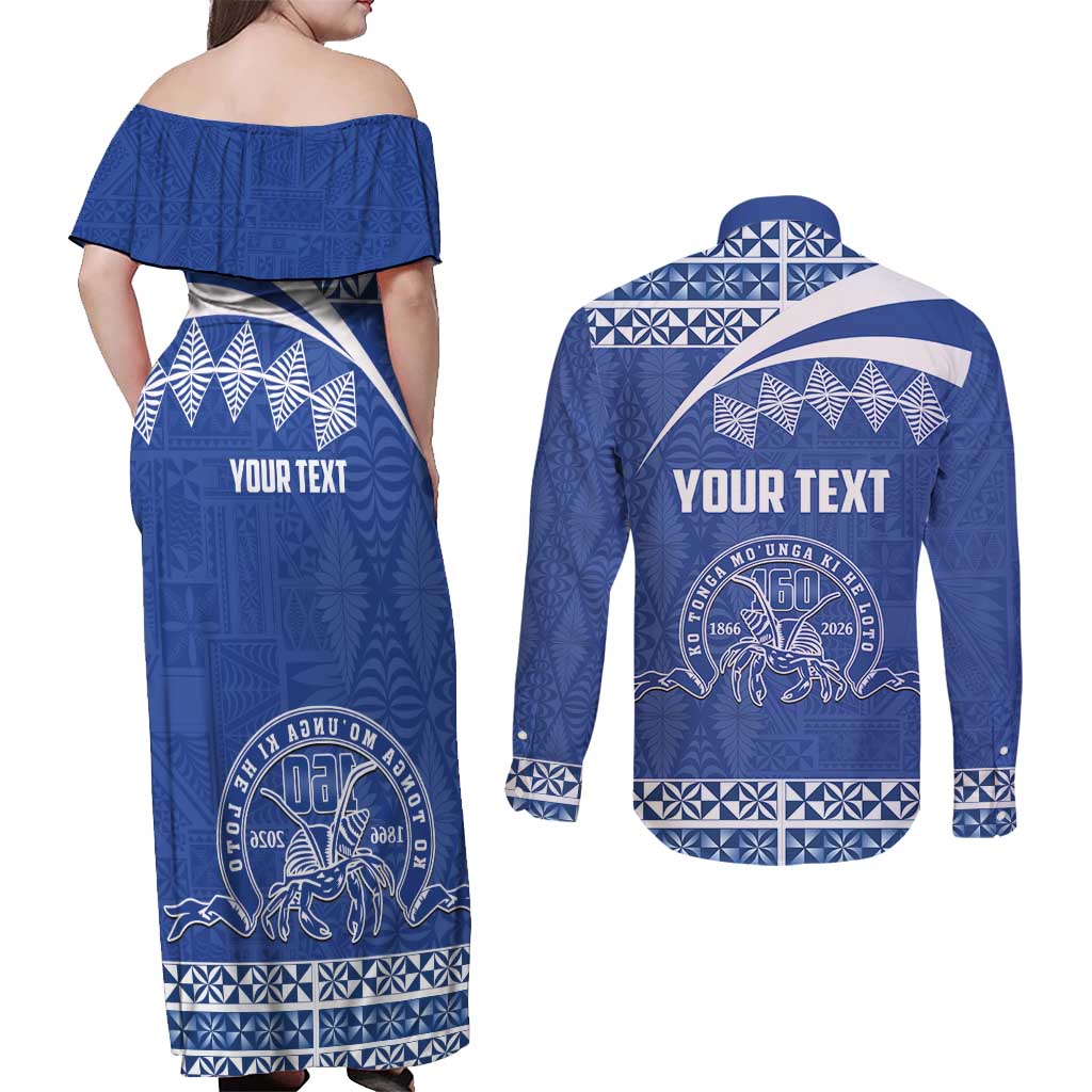 Personalised Tonga Tupou College Toloa Couples Matching Off Shoulder Maxi Dress and Long Sleeve Button Shirt 160 Years Anniversary Tongan Ngatu Pattern LT14 - Polynesian Pride