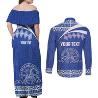 Personalised Tonga Tupou College Toloa Couples Matching Off Shoulder Maxi Dress and Long Sleeve Button Shirt 160 Years Anniversary Tongan Ngatu Pattern LT14 - Polynesian Pride