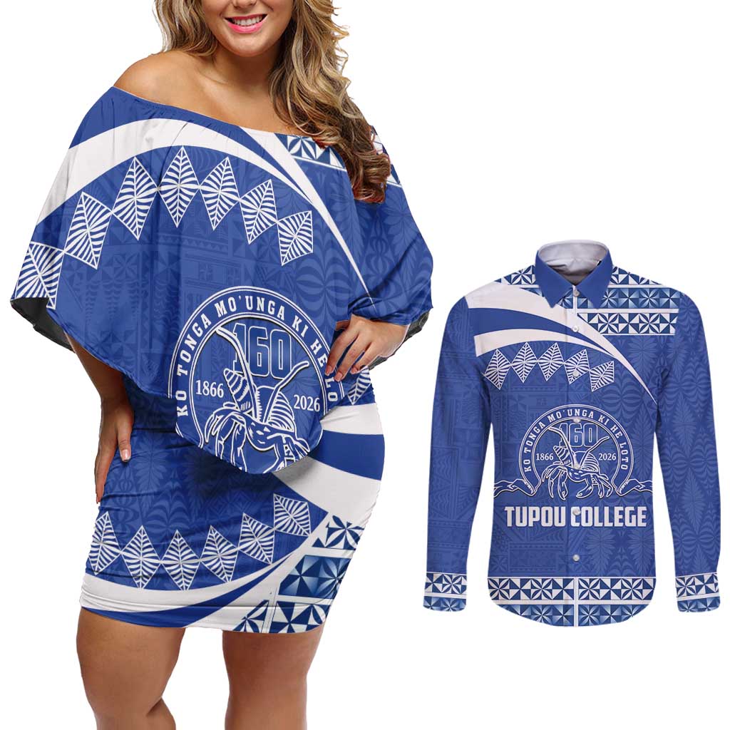 Personalised Tonga Tupou College Toloa Couples Matching Off Shoulder Short Dress and Long Sleeve Button Shirt 160 Years Anniversary Tongan Ngatu Pattern LT14 Blue - Polynesian Pride