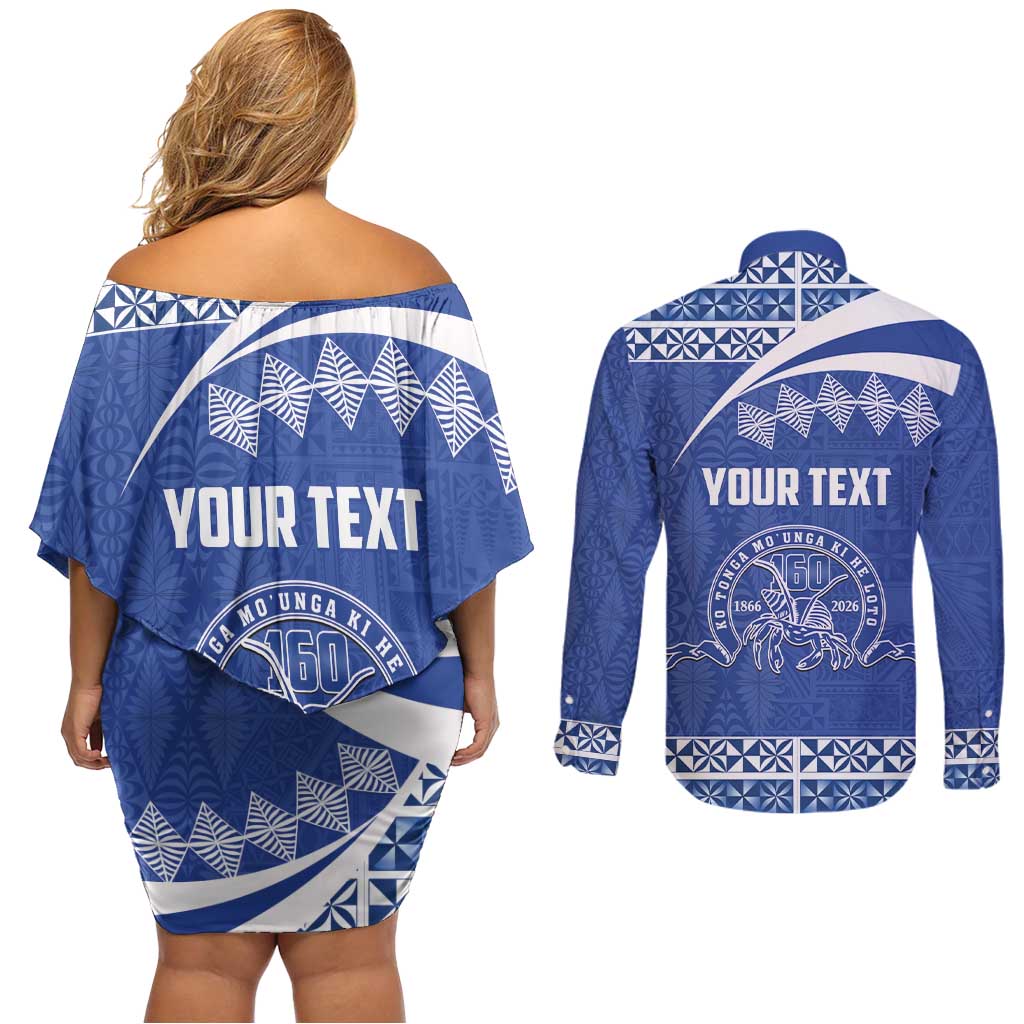 Personalised Tonga Tupou College Toloa Couples Matching Off Shoulder Short Dress and Long Sleeve Button Shirt 160 Years Anniversary Tongan Ngatu Pattern LT14 - Polynesian Pride