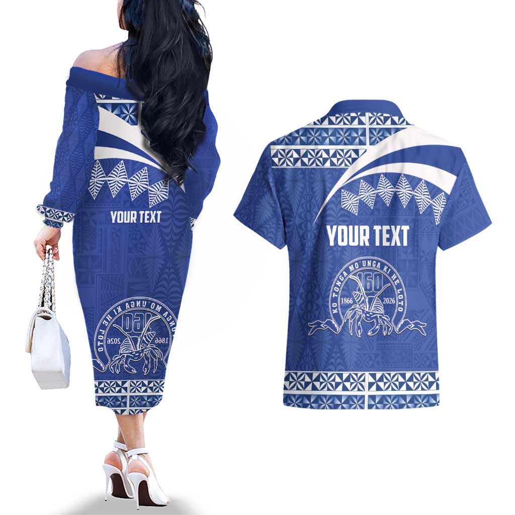Personalised Tonga Tupou College Toloa Couples Matching Off The Shoulder Long Sleeve Dress and Hawaiian Shirt 160 Years Anniversary Tongan Ngatu Pattern LT14 - Polynesian Pride