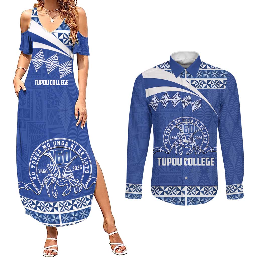 Personalised Tonga Tupou College Toloa Couples Matching Summer Maxi Dress and Long Sleeve Button Shirt 160 Years Anniversary Tongan Ngatu Pattern LT14 Blue - Polynesian Pride