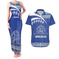 Personalised Tonga Tupou College Toloa Couples Matching Tank Maxi Dress and Hawaiian Shirt 160 Years Anniversary Tongan Ngatu Pattern LT14 Blue - Polynesian Pride