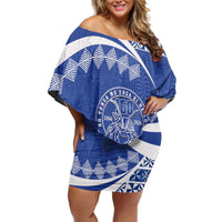 Personalised Tonga Tupou College Toloa Family Matching Off Shoulder Short Dress and Hawaiian Shirt 160 Years Anniversary Tongan Ngatu Pattern LT14 Mom's Dress Blue - Polynesian Pride