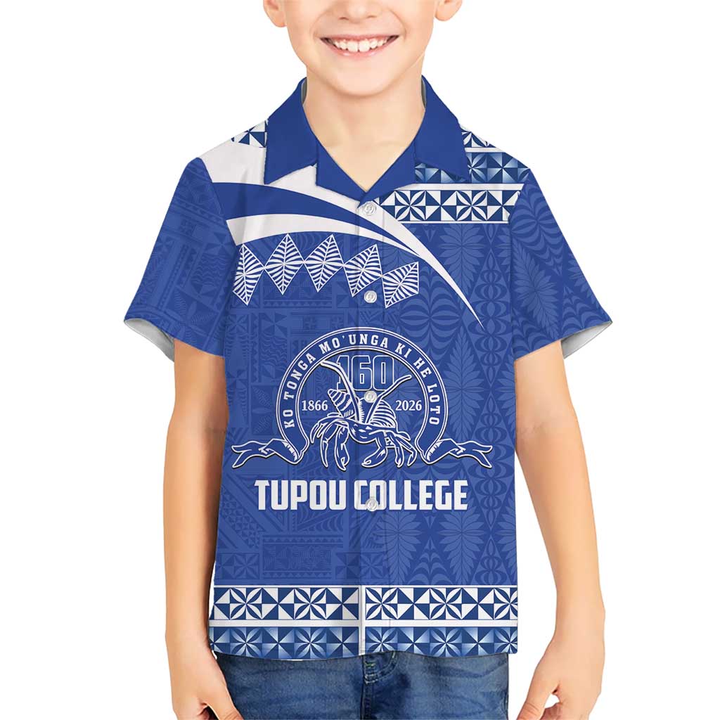 Personalised Tonga Tupou College Toloa Family Matching Off Shoulder Short Dress and Hawaiian Shirt 160 Years Anniversary Tongan Ngatu Pattern LT14 Son's Shirt Blue - Polynesian Pride