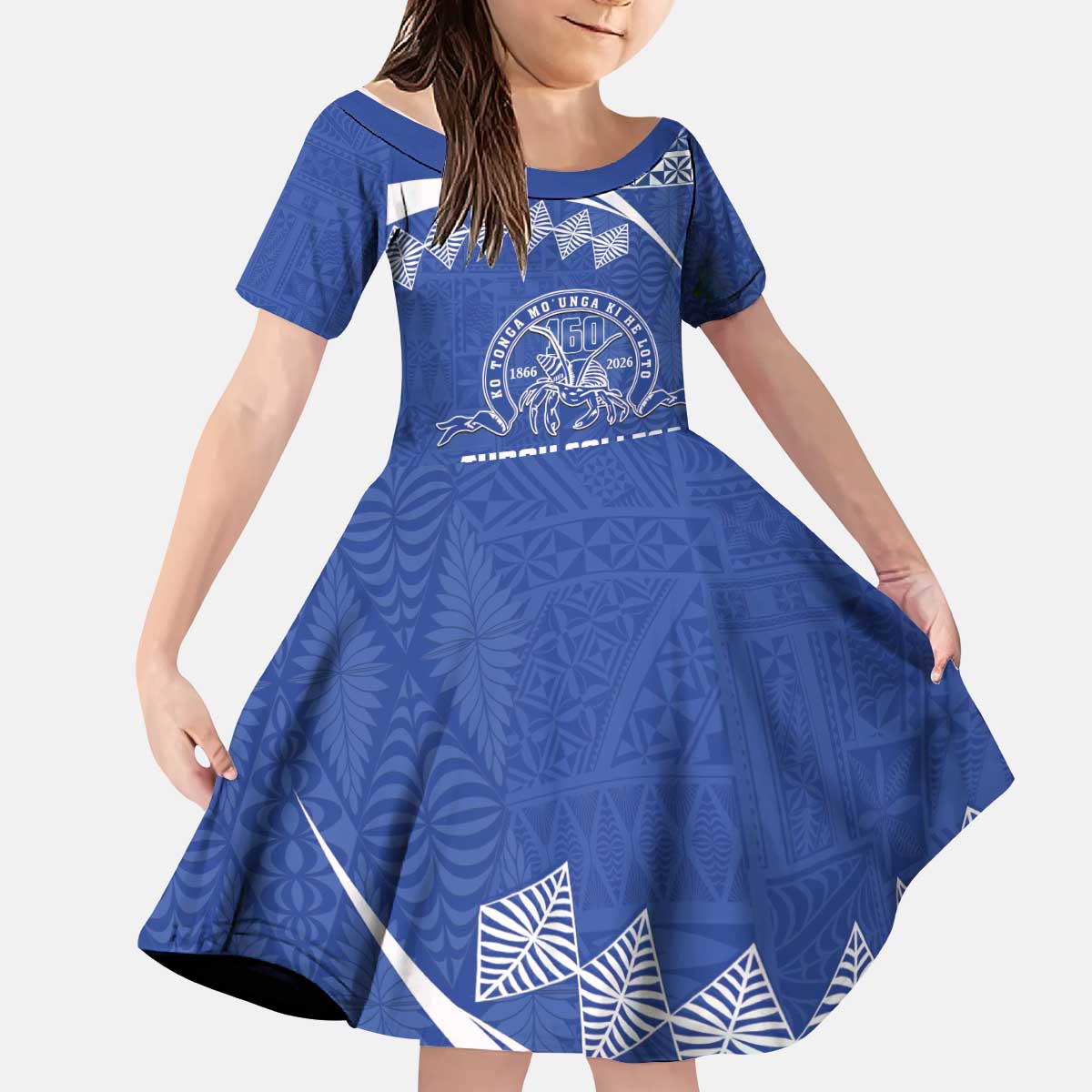 Personalised Tonga Tupou College Toloa Kid Short Sleeve Dress 160 Years Anniversary Tongan Ngatu Pattern LT14 KID Blue - Polynesian Pride