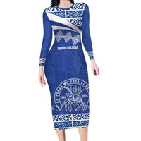 Personalised Tonga Tupou College Toloa Long Sleeve Bodycon Dress 160 Years Anniversary Tongan Ngatu Pattern LT14 Long Dress Blue - Polynesian Pride