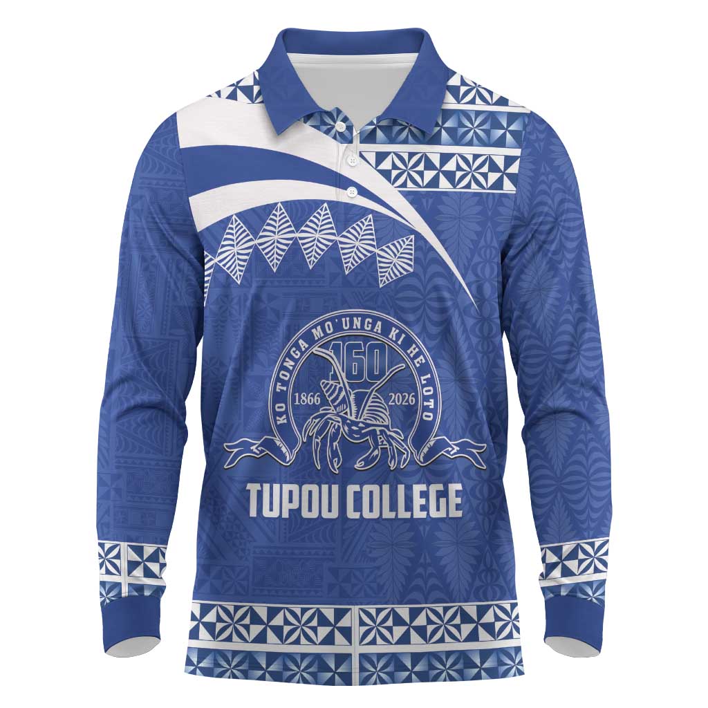 Personalised Tonga Tupou College Toloa Long Sleeve Polo Shirt 160 Years Anniversary Tongan Ngatu Pattern LT14 Blue - Polynesian Pride