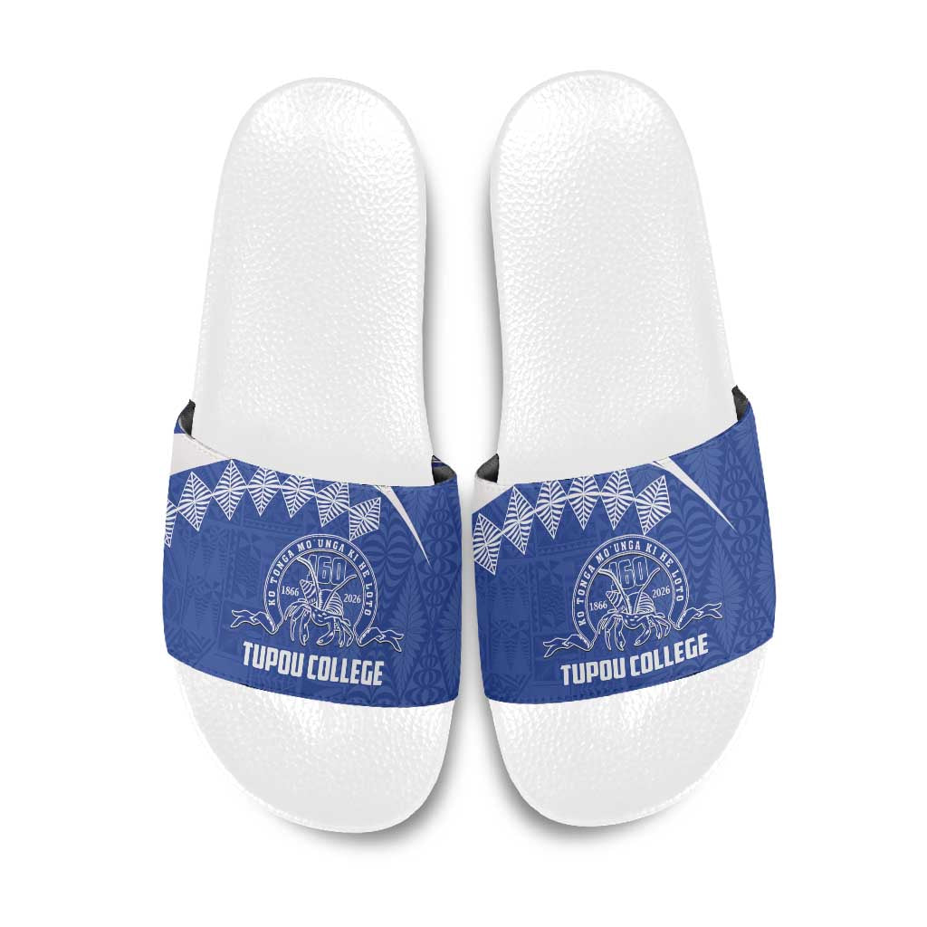 Tonga Tupou College Toloa Slide Sandals 160 Years Anniversary Tongan Ngatu Pattern LT14 Blue - Polynesian Pride
