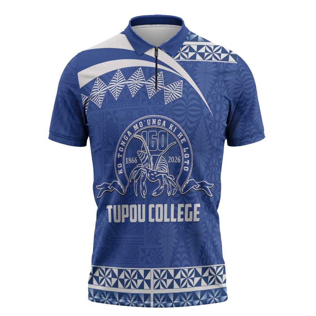 Personalised Tonga Tupou College Toloa Zipper Polo Shirt 160 Years Anniversary Tongan Ngatu Pattern LT14 Blue - Polynesian Pride