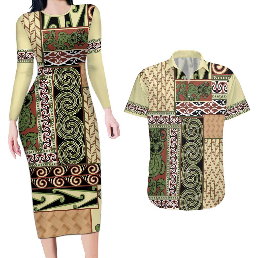 Beige Aotearoa Kowhaiwhai Pattern Couples Matching Long Sleeve Bodycon Dress and Hawaiian Shirt NZ Maori Quilt Style LT14 Beige - Polynesian Pride