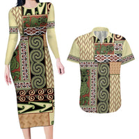 Beige Aotearoa Kowhaiwhai Pattern Couples Matching Long Sleeve Bodycon Dress and Hawaiian Shirt NZ Maori Quilt Style LT14 Beige - Polynesian Pride